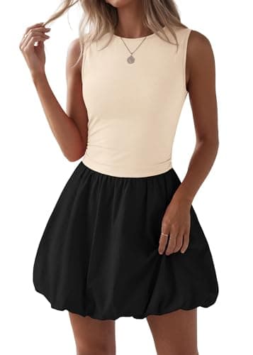 KIRUNDO Summer Bubble Dress for Women 2026 Casual Mini Spring Bodycon Cocktail Dresses Sleeveless Drop Waist Sundress Beach(Beige Black, Large) - Image 1