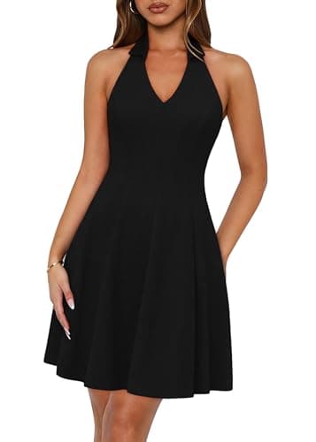Lazysmile Summer Dresses for Women Sleeveless Halter Lapel V Neck Backless A Line Formal Cocktail Party Short Dress Black - Image 1