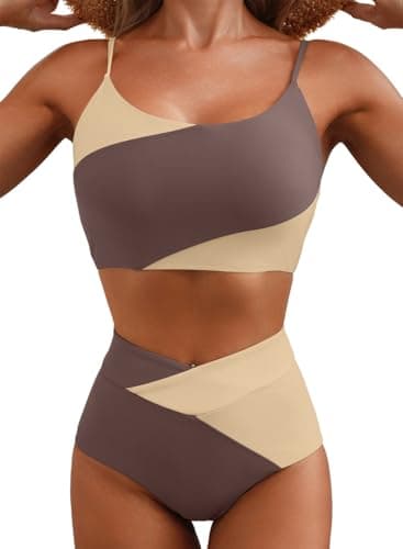 Herseas Womens Colorblock High Waisted Two Piece Bikini Sets Popular Swimsuit Best Bathing Suits for Teen Girls 2026 Travel Outfits Beach Vacation Clothes Dark Brown X-Small - Image 1