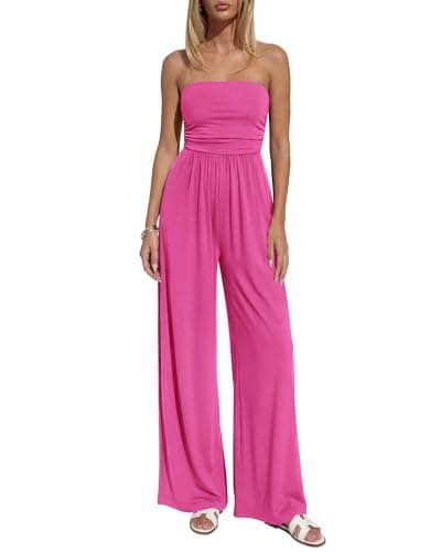 BTFBM Jumpsuits For Women Summer 2026 Beach Vacation Strapless Tube Top Jumpsuit Ruched Casual Wide Leg Pant Rompers(Rose Red, Small) - Image 1