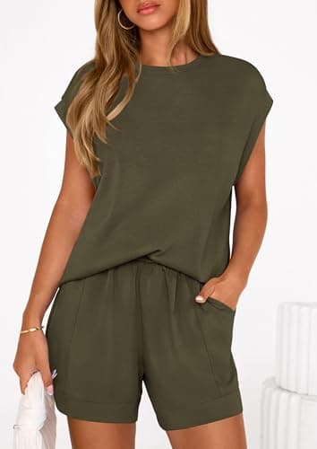 PRETTYGARDEN Two Piece Short Sets for Women Summer 2026 Matching Loungewear Travel Outfits Spring Beach Vacation Clothes (Army Green,Large) - Thumbnail 5