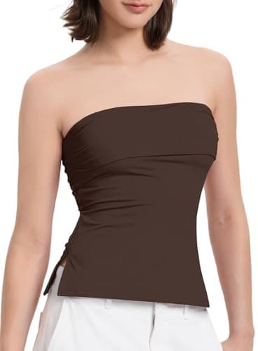 Women Tube Tops Sexy Double Line Going Out Trendy Strapless Tank Tops Seamless Side Split Off Shoulder Tops (Brown,XL)