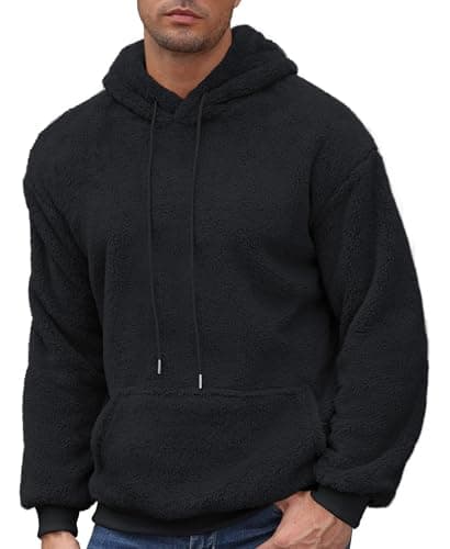 Aimeilgot Mens Fuzzy Sherpa Hoodie Pullover Sweatshirts Long Sleeve Lightweight Fleece Loose Cozy with Pocket Winter Hooded Outwear Black, Large - Thumbnail 2
