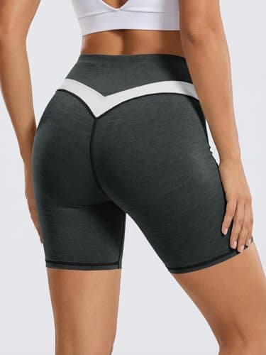 Aoysky Womens Buttery Soft Biker Shorts 6" High Waisted V-Shaped Color Block Booty Gym Yoga Athletic Shorts with Pockets Black Grey - Thumbnail 3
