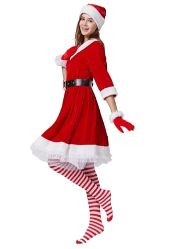 Kofero Mrs. Claus Costume for Women Christmas Santa Costume Dress Adult Plus Size Miss 5PCS Red Cosplay Outfit Xmas Party - Thumbnail 2
