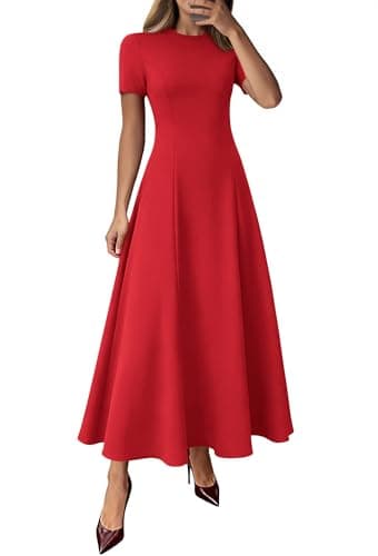 KIRUNDO Wedding Guest Dresses for Women 2026 Spring Summer Short Sleeve Pleated Long Flowy A Line Formal Maxi Dress Pockets(Red, X-Large) - Image 1