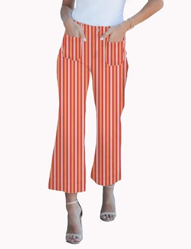 DAOAO Orange Striped Pants Women Cropped Jeans High Waisted Stretchy Wide Leg Jeans Woman Denim Pant Trendy S - Thumbnail 5