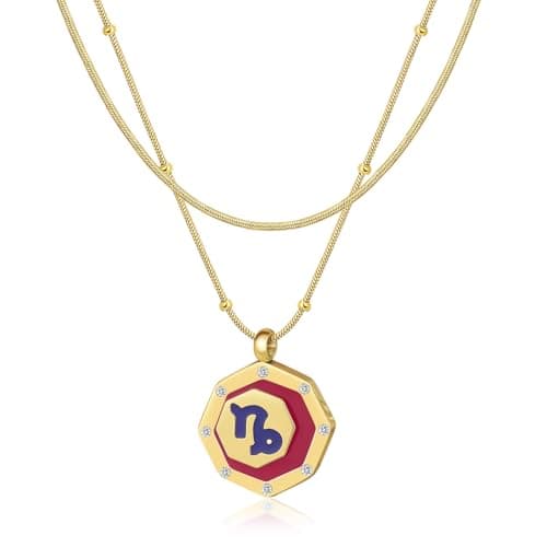 LETFLY Capricorn Zodiac Necklace for Women, 18K Gold Plated Octagon Shaped Pendant with Cubic Zirconia Adjustable Layered Snake Chain for Womens Jewelry Gifts - Image 1