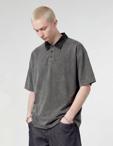 Vamtac Mens Oversized Polo Shirts Vintage Y2k Shirt Acid Wash Heavyweight Cotton Tee Short Sleeve Streetwear Tops Grey - Thumbnail 5