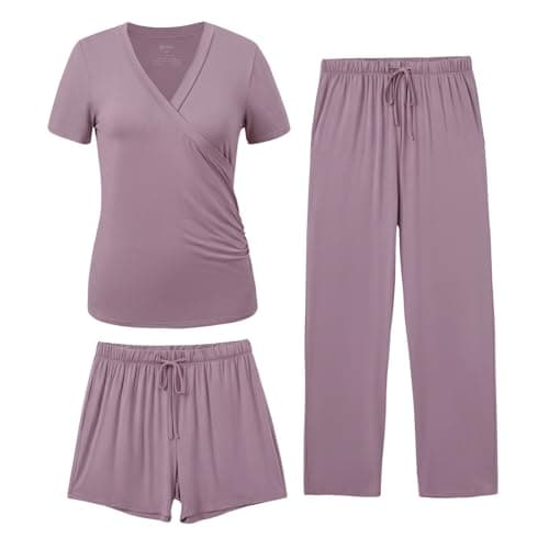 PATPAT 3-Piece Maternity Nursing Pajamas Clothes, Soft Pregnancy Sleepwear, Postpartum Breastfeeding Pjs Lounge Set for Women,Going Home Outfit for Mom after Birth, Pockets,Dusty Lavender,XX-Large - Image 1