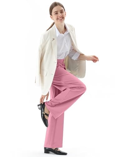 JOYCATCH Womens Wide Straight Leg Work Pants Casual Slacks Business Office Trousers Button Dress Pants Hot Pink - Thumbnail 5