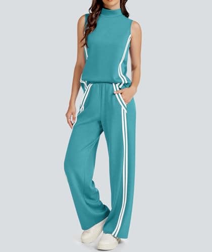 Casly Lamiit Lounge Sets for Women 2 Piece Casual Travel Outfits Matching Active Airport Sweatsuit Mock Neck Tops Wide Leg Track Pants Viridian Green XS - Thumbnail 4