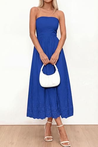 PRETTYGARDEN Womens Summer Dresses 2026 Sexy Sleeveless Tube Top Long Dress Eyelet Cotton Maxi Beach Sundress Pockets(Blue,Large) - Thumbnail 5