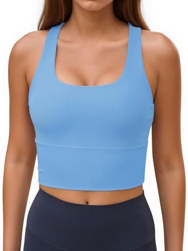Aoysky Womens Racerback Sport Bra Workout Tank Tops Sleeveless Ribbed Athletic Yoga Tops with Built in Bra Blue - Image 1