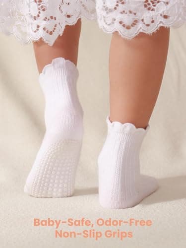 ALLOVIN 6 Pairs Non-Slip Ruffle Lace Socks for Baby & Toddler Girls – Soft Cotton Grip Socks | Pure White/Off-White | 6-12 Months - Thumbnail 3