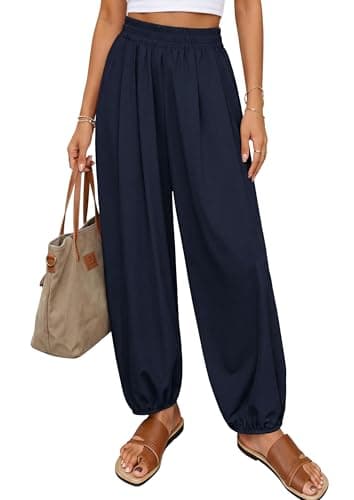 PRETTYGARDEN Womens 2026 Summer Casual Pants High Waisted Loose Wide Leg Palazzo Pockets Lounge Beach Travel Trousers Outfits (Navy Blue,Medium) - Image 1