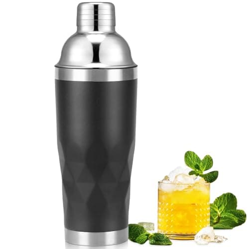 Insulated Cocktail Shaker Black -20oz Double Wall Vacuum Stainless Steel Martini Shaker with Built-in Strainer, Pro Leak-Proof Weighted Shaker for Home Bar, Premium Bar Gift Set
