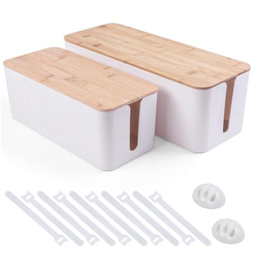 2 Pack Cable Management Box - Cord Organizer Box with Wooden Lid for TV Wires, Power Strips, Router, USB Hub & Under Desk Power: Baby & Pet Proof Cord Management, Cord Hider for Home & Office (White) - Image 1