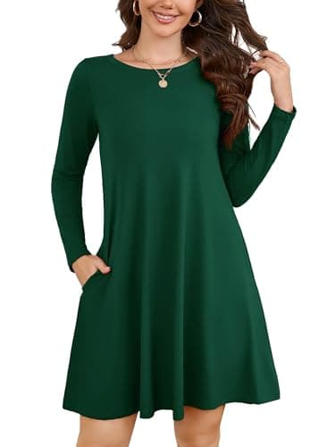 KORSIS Women Long Sleeve Tops T-Shirt Dress Round Neck Casual A-Line Loose Vocation Fall Winter Dress Whith Pockets Drak Green M - Image 1