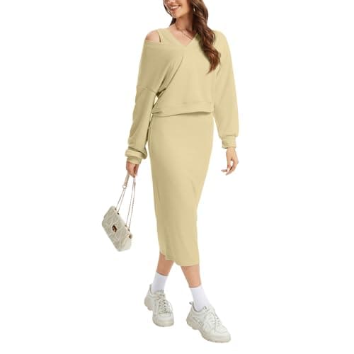 Anyshe Women's 2 Piece Matching Knit Sweater Set, Long Sleeve V-Neck Top with Maxi Skirt, Effortless Style for Vacation - Image 1