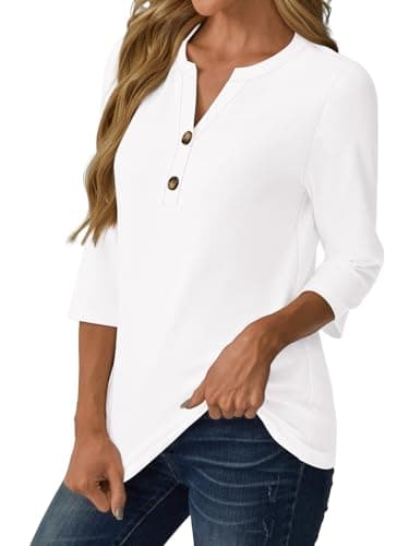 GKBK Womens Tops 3/4 Length Sleeve V Neck Button Down Loose Fit Shirts Business Casual Basic Tees Summer Fashion 2026 Dressy Casual Vacation Travel Essentials Blouses Trendy Outfits White XL - Thumbnail 4