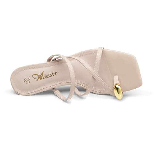 Athlefit Strappy Kitten Heels for Women Square Open Toe Flip Flop Low Heels Slip On Fashion Dress Nude Heeled Sandals for Wedding Party Size 11 - Thumbnail 5