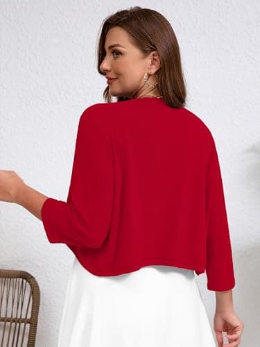 AusLook Plus Size Women Bolero Shrugs 3/4 Sleeve Red 3X Open Front Knit Lightweight Coat Cropped Tops Shawls and Wraps Cardigan Dressy Sweater Clothes - Thumbnail 2