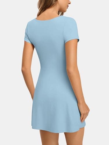AFFOLE Womens Square Neck Tennis Dress Short Sleeve Built in Shorts Golf Athletic Dress with Pockets Light Blue - Thumbnail 4