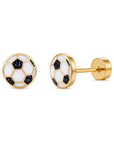 MHWTTY Soccer Stud Earrings,Hypoallergenic 18K Gold Plated Stainless Steel Flat Back Screw on Heart Sports Earrings for Women,Soccer Fan Soccer Mom Jewelry Gift for Sport Day Daily Wear (Gold, Round) - Image 1