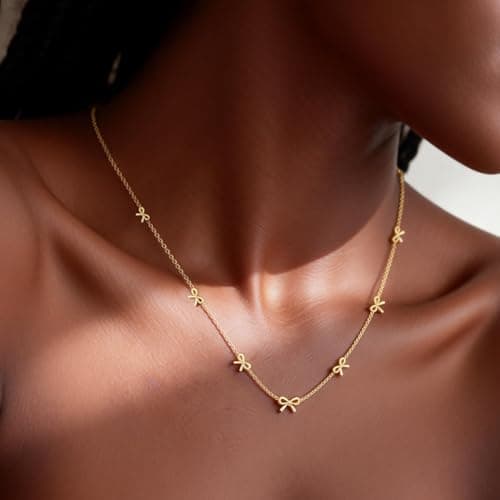 BOLAGTIER Dainty 7-Bow Necklace: 14K Gold Plated Minimalist Adjustable 17.7”+2” Stainless Steel Choker | Trendy Ribbon-Inspired Design, Simple Chain Jewelry Gift for Women (Gold) - Thumbnail 2