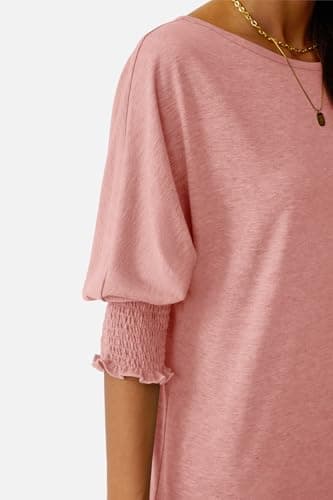 NORACORA Women's 3/4 Sleeve Tops Loose Fit Shirts Dressy Casual Crew Neck T Shirts for Women Basic Tees Shirt with Smocked Cuffs 2025 Fall Fashion Blouse Pink XXL - Thumbnail 6