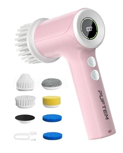 PUFTEM Upgraded Electric Spin Scrubber, Powerful Cordless Shower Scrubber with 4500mAh Large Battery & Speed Display, 6 Replaceable Brush Heads, Cleaning Brush for Bathroom Tile Tub Floor (Pink) - Image 1