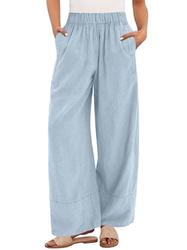 ANRABESS Women's Wide Leg Linen Pants Summer Boho Casual Elastic Waist Long Lounge Travel Pants Trousers with Pockets Baby Blue Medium - Image 1