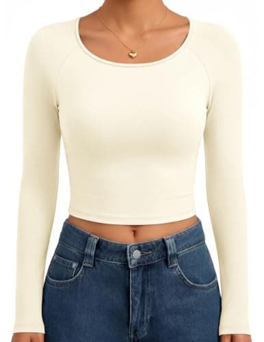 Ekouaer Long Sleeve Shirts for Women Crop Tops Slim Fit Basic Tee Scoop Neck Undershirts Clothes Beige M - Image 1