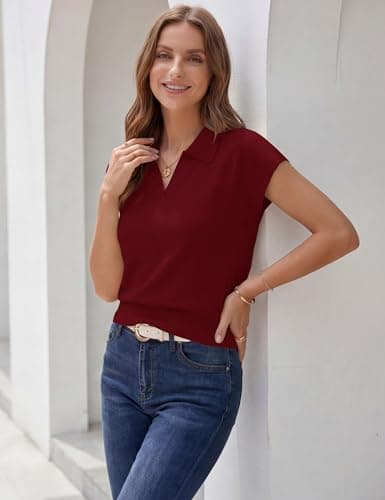 LaGracia Cropped Sweaters for Women Short Sleeve Collared Polo Sweaters Cap Sleeve Business Casual Crop Tops Spring Summer Outfits DarkRed L - Thumbnail 5