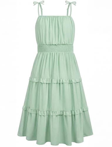 Girls Summer Beach Dresses Tween Junior Easter Spring Sundress Size 9-10 School Casual Sleeveless Ruffled Tiered Vestidos Para Niñas Semi Formal Bridesmaid Wedding Guest Party Smocked Dress Green - Image 1