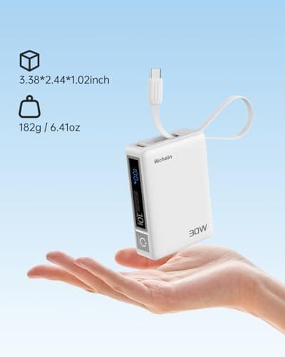 Hichain Power Bank with Built in Cable, Fast Charging 10000mAh Powerbank Portable Charger Battery Pack, Cell Phone Portable Power Banks for iPhone 17 16 Galaxy Android - White - Thumbnail 2