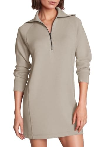 COCOMARTS Womens Long Sleeve Sweatshirt Dress Crewneck Quarter Zip Mini Dresses with Pocket 2025 Fall Winter Fashion Clothes Khaki Medium - Image 1