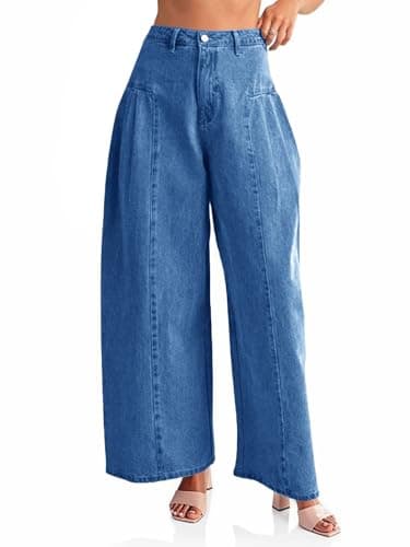 PLNOTME Womens Baggy High Waisted Jeans Loose Boyfriend Wide Leg Side Pleated Denim Pants