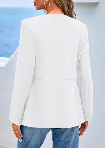 Lazysmile Blazers for Women Long Sleeve Crewneck Button Down Suit Jackets Work Office Business Casual Outfits with Pockets White - Thumbnail 2