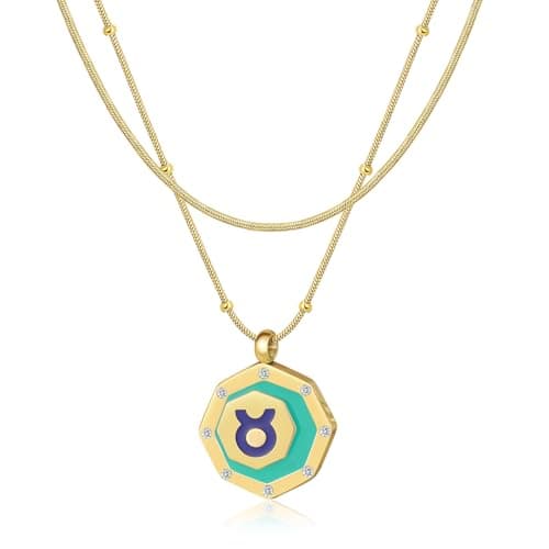 LETFLY Taurus Zodiac Necklace for Women, 18K Gold Plated Octagon Shaped Pendant with Cubic Zirconia Adjustable Layered Snake Chain for Womens Jewelry Gifts - Image 1
