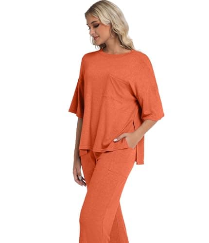 YOAKUKA Women's Two Piece Lounge Sets Loose Fit Short Sleeve Tops and Wide Leg Pants Casual Matching Travel Outfits Tracksuit - Thumbnail 4