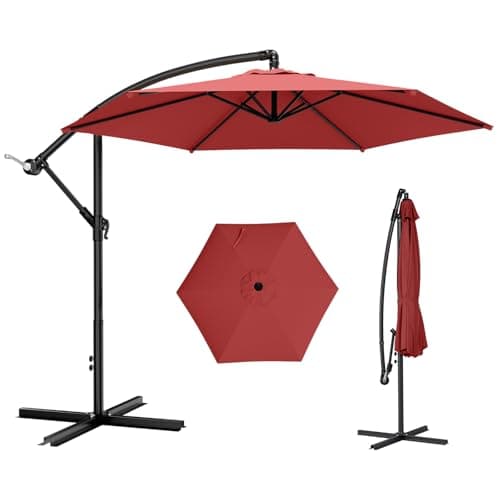 AreShark 10FT Patio Outdoor Umbrella, Offset Patio Umbrella Cantilever Umbrella, 6 Sturdy Ribs, Easy Adjustment for Garden Market Pool with Cross Base (Dark Red) - Image 1