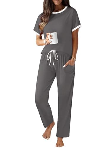 KBKBSN Women 2 Piece Outfits 2026 Summer Casual Pajamas Short Sleeve Top Lounge Sets Long Pants Tracksuits Set with Pocket Darkgray01 XL - Image 1