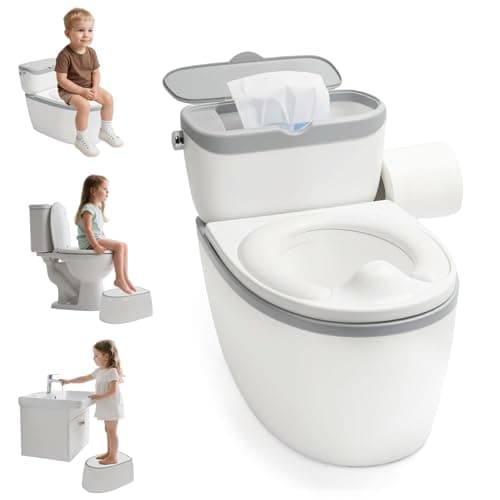 TOSGN 3-in-1 Toddler Potty Training Toilet, for Ages 6 Months+, Realistic Potty Training Seat with Flushing Sound, Wipes Storage, Toilet Paper Holder