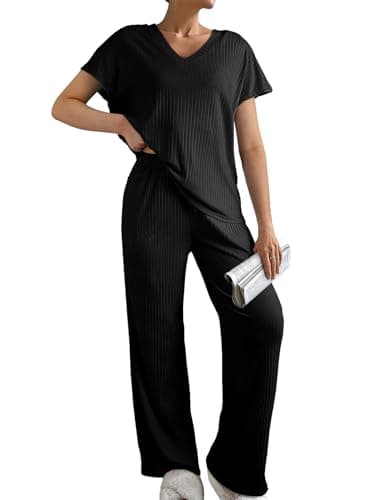 SHEWIN Pajamas for Women 2026 Spring Fashion Short Sleeve Sweater Set Womens Summer 2 Piece Sets Casual Ribbed Knit Lounge Set Summer Outfits, Black M - Image 1
