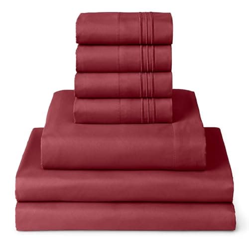 Mellanni Split King Sheet Set - 7-Piece Iconic Collection Bedding, (Including 4 Pillowcases), 16-Inch Deep Pocket, Easy Care, Extra Soft, Cooling Sheets, Brushed Microfiber - Brick Red