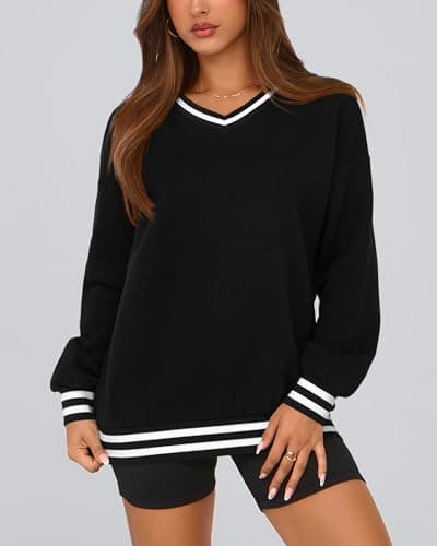 PRETTYGARDEN Women's Oversized Sweatshirts Casual Long Sleeve Stripes Knit V Neck Pullover Top Spring Preppy Clothes(Black,XX-Large) - Thumbnail 6