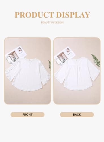 Eytino Women Plus Size Tops Dressy Casual 3/4 Length Sleeve Blouses Crewneck Ruffle Sleeve Shirts Summer Outfits Business Work Tops,3X White - Thumbnail 4
