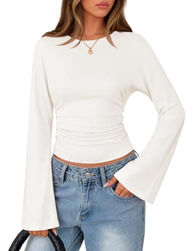 MEROKEETY Women's Cotton Bell Long Sleeve Tops Fall Shirts, White, L - Image 1